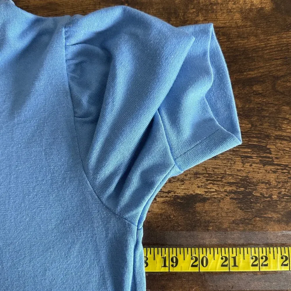 J Crew Supercozy Top Blouse Small Sky Blue Puff Sleeve Stretch Preppy Beachy EUC